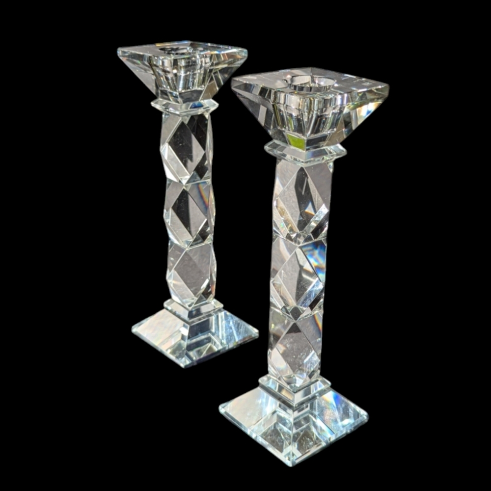 Pair Of Diamond Cut Lead Crystal Candlestick Holders Faceted Square Vtg Deco